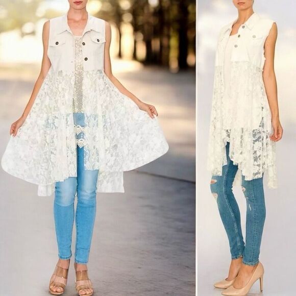ORIGAMI Ivory White BOHO Western Sleeveless Cardigan Duster Suede & Lace Vest 2X - Picture 3 of 15